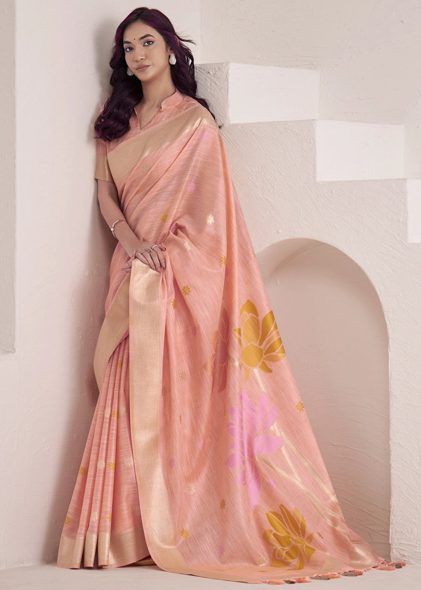 Peach Pink Saree in Linen Silk with Artistic Floral Jacquard Pallu - House of Sarvati LLC