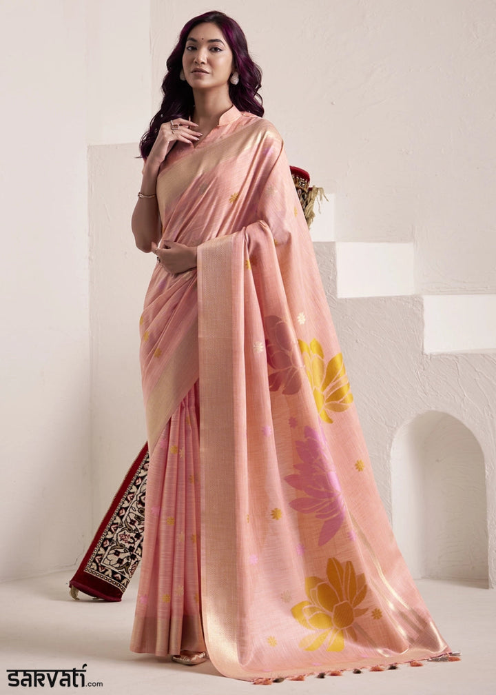 Peach Pink Saree in Linen Silk with Artistic Floral Jacquard Pallu - House of Sarvati LLC