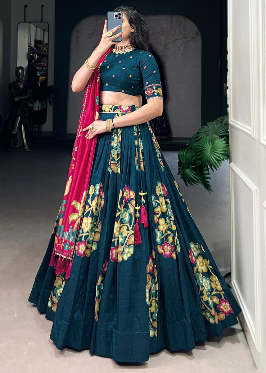 Peacock Blue Lehenga Choli in Tussar Silk with Blooming Floral Patterns - House of Sarvati LLC