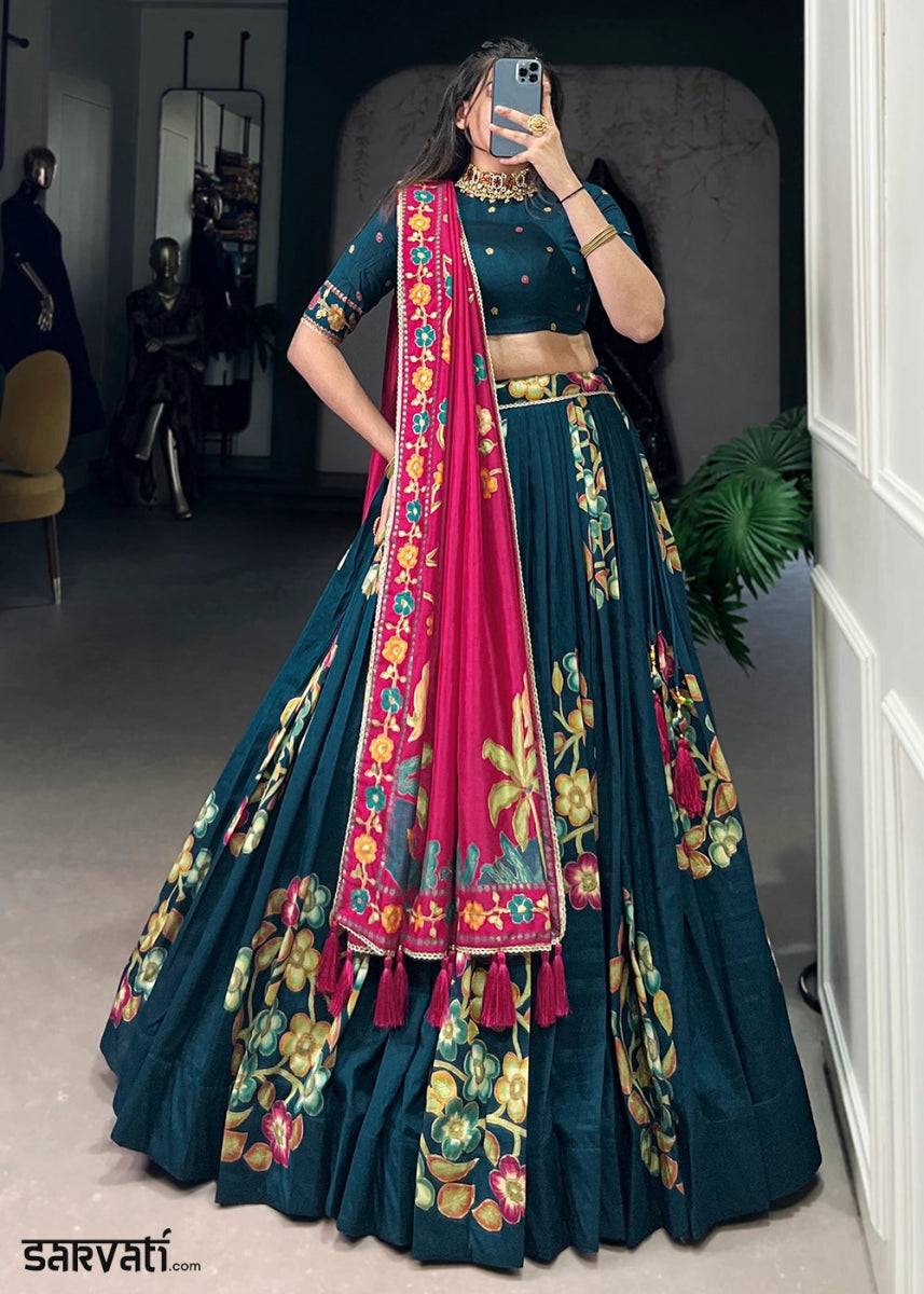 Peacock Blue Lehenga Choli in Tussar Silk with Blooming Floral Patterns - House of Sarvati LLC