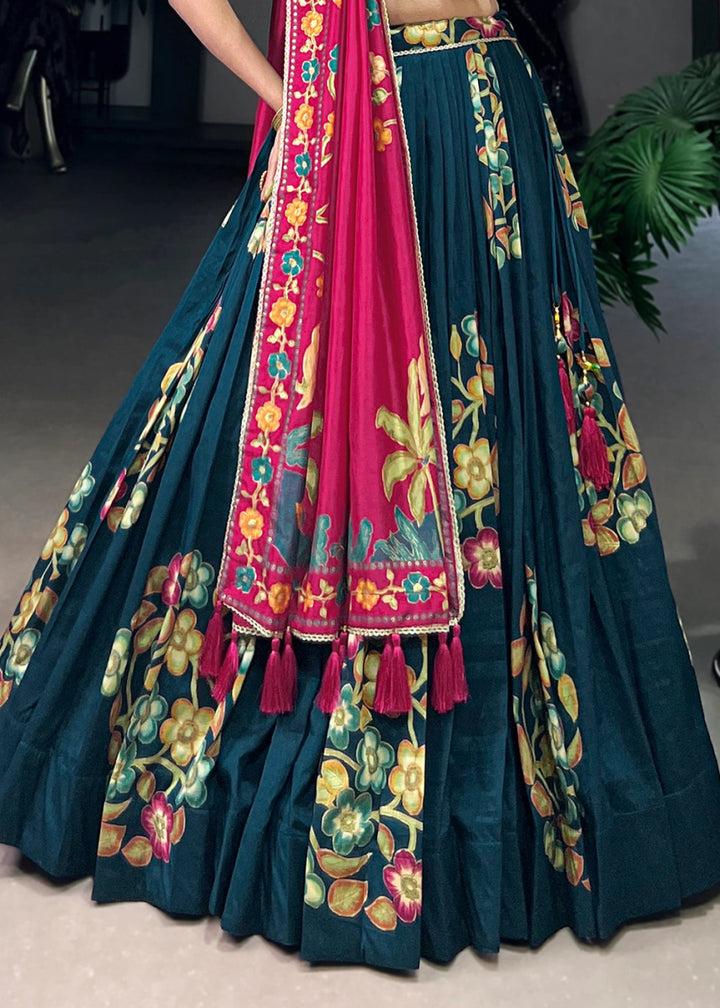 Peacock Blue Lehenga Choli in Tussar Silk with Blooming Floral Patterns - House of Sarvati LLC
