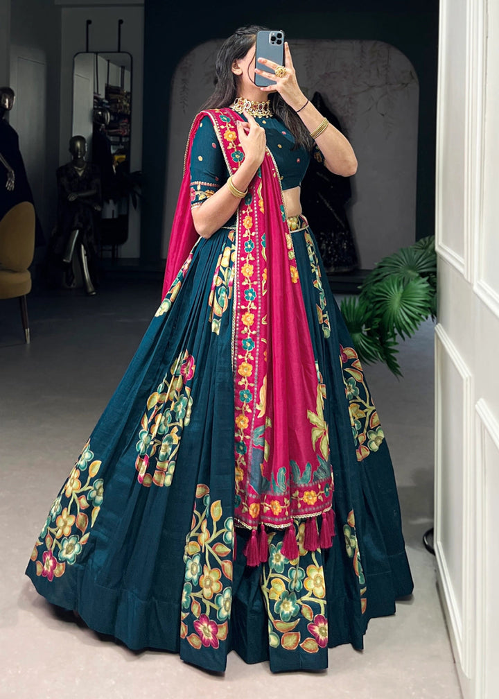 Peacock Blue Lehenga Choli in Tussar Silk with Blooming Floral Patterns - House of Sarvati LLC