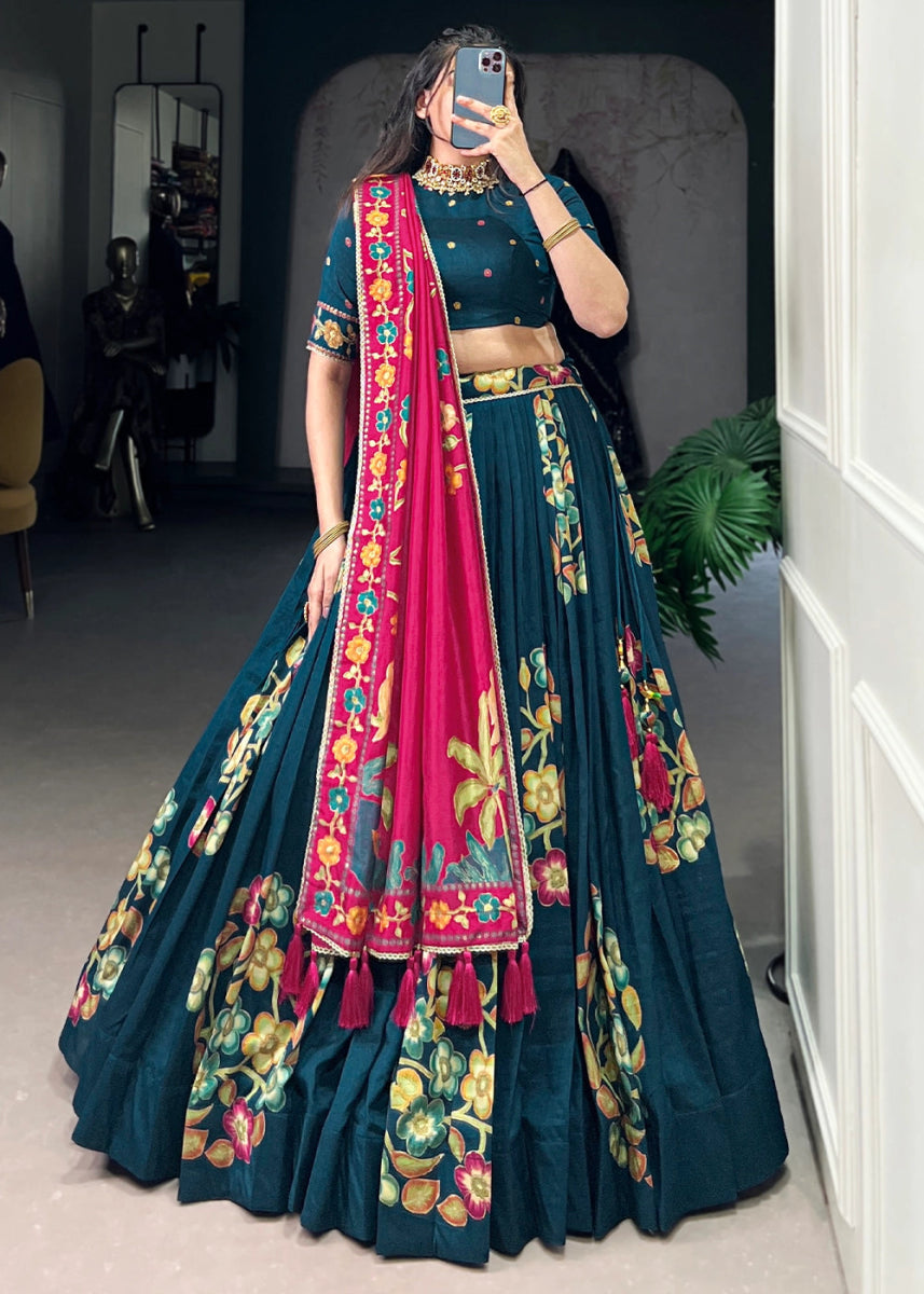 Peacock Blue Lehenga Choli in Tussar Silk with Blooming Floral Patterns - House of Sarvati LLC