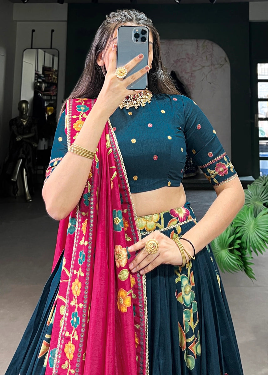 Peacock Blue Lehenga Choli in Tussar Silk with Blooming Floral Patterns - House of Sarvati LLC