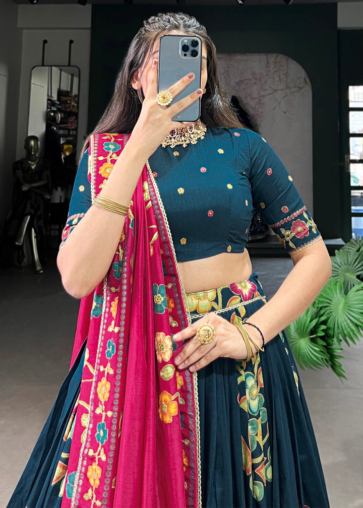 Peacock Blue Lehenga Choli in Tussar Silk with Blooming Floral Patterns - House of Sarvati LLC