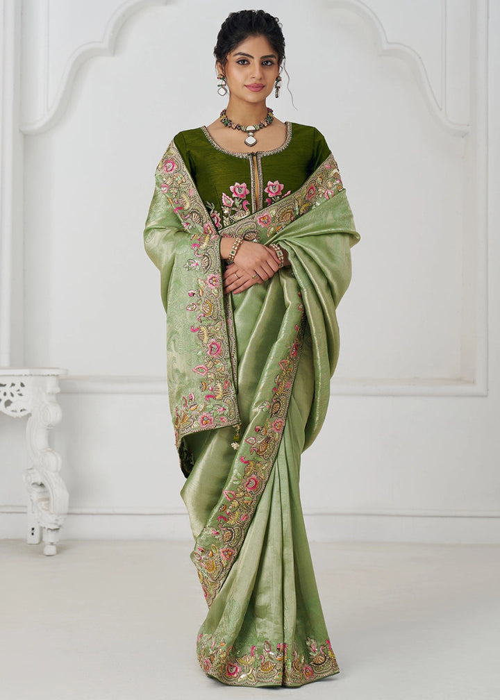 Pear Green Embroidered Viscose Dola Silk Saree With Sequin And Multi Thread Accents - House of Sarvati LLC