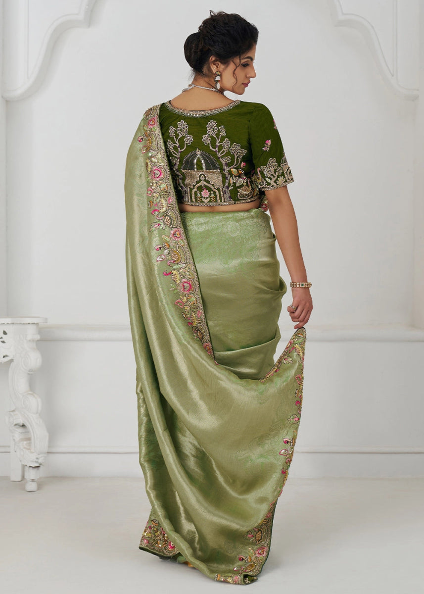 Pear Green Embroidered Viscose Dola Silk Saree With Sequin And Multi Thread Accents - House of Sarvati LLC