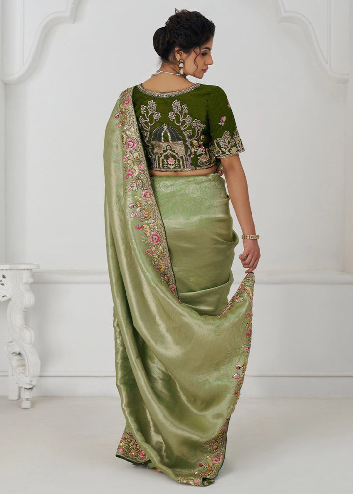 Pear Green Embroidered Viscose Dola Silk Saree With Sequin And Multi Thread Accents - House of Sarvati LLC