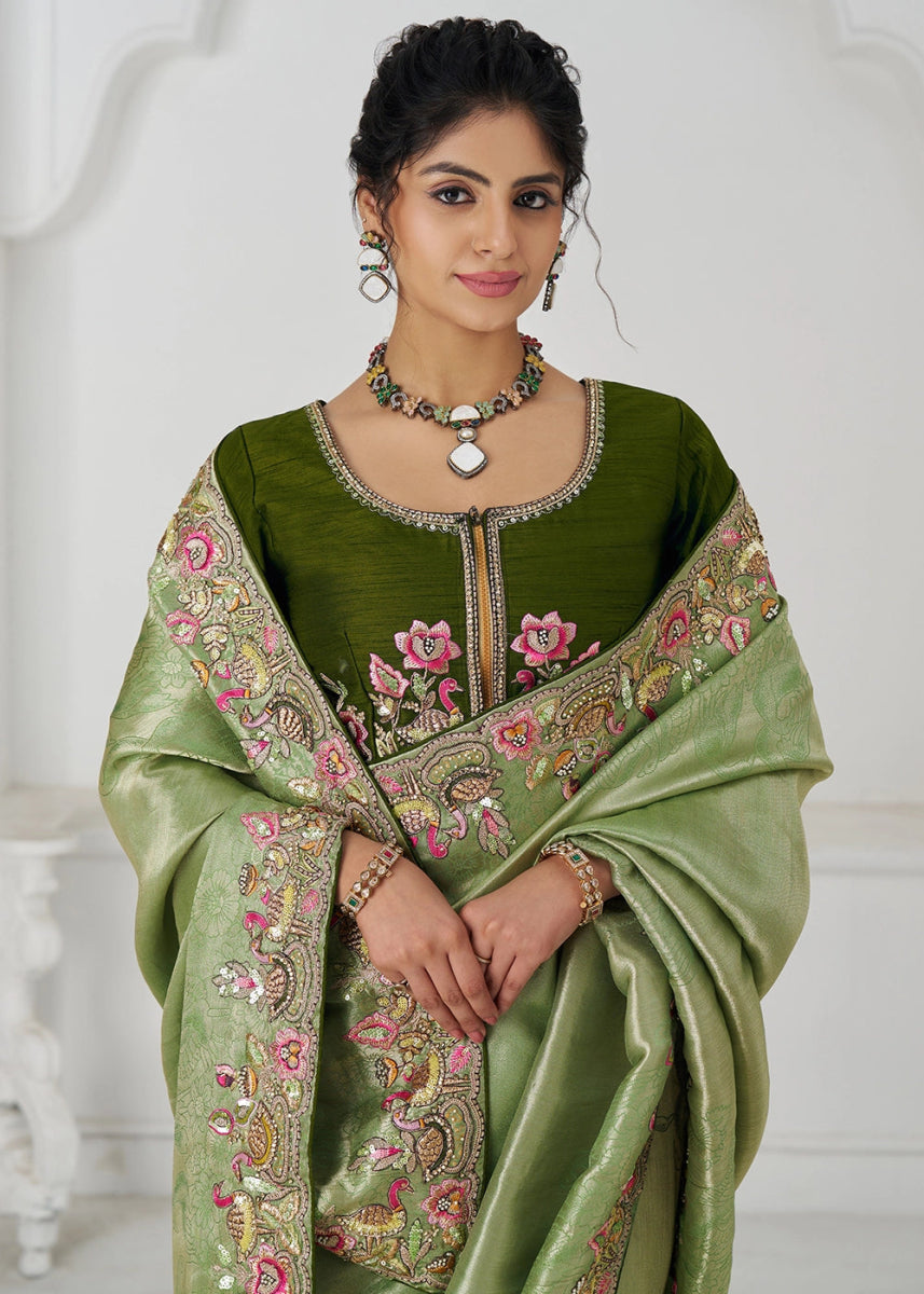Pear Green Embroidered Viscose Dola Silk Saree With Sequin And Multi Thread Accents - House of Sarvati LLC
