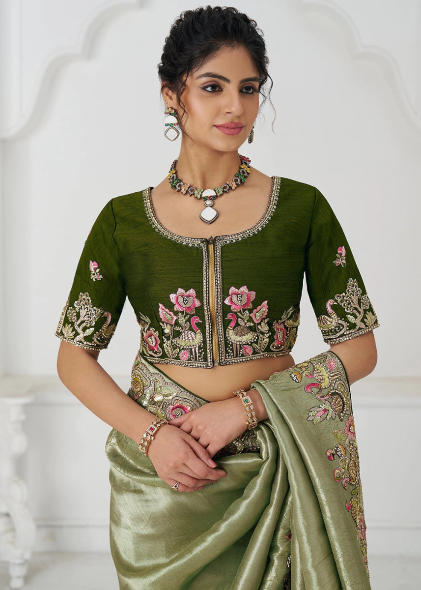 Pear Green Embroidered Viscose Dola Silk Saree With Sequin And Multi Thread Accents - House of Sarvati LLC