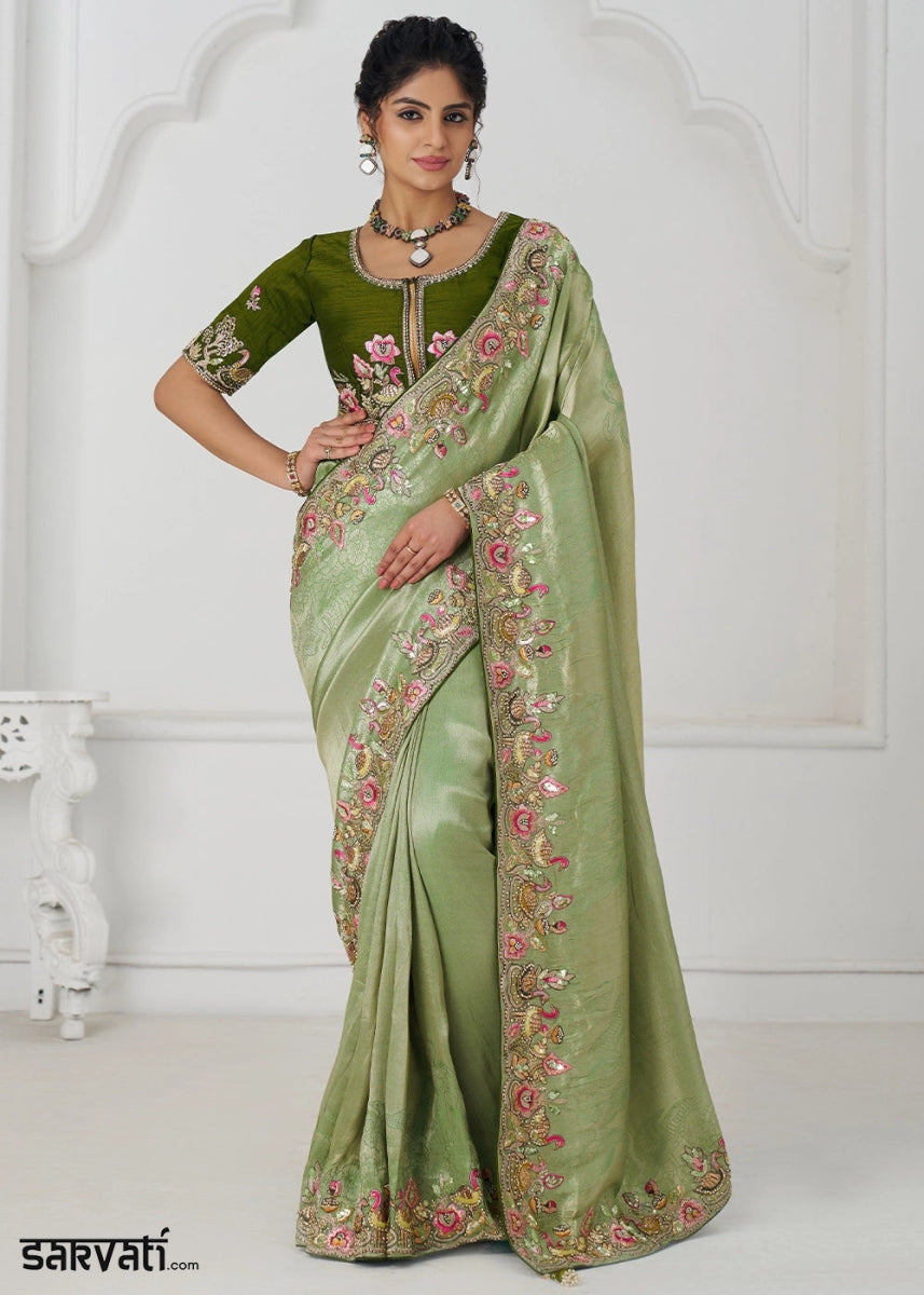 Pear Green Embroidered Viscose Dola Silk Saree With Sequin And Multi Thread Accents - House of Sarvati LLC