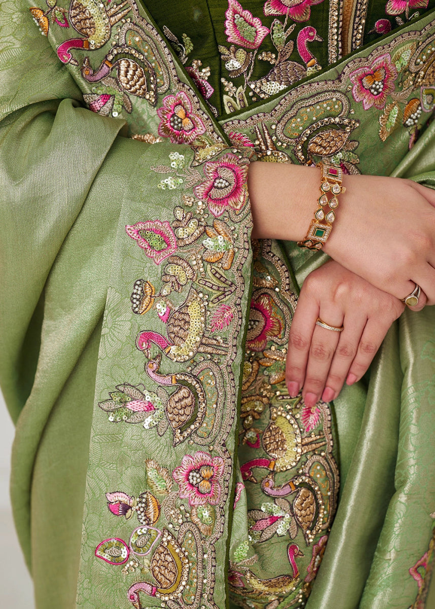 Pear Green Embroidered Viscose Dola Silk Saree With Sequin And Multi Thread Accents - House of Sarvati LLC