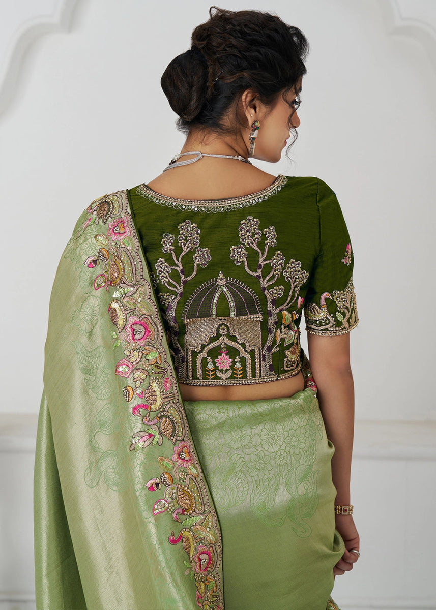 Pear Green Embroidered Viscose Dola Silk Saree With Sequin And Multi Thread Accents - House of Sarvati LLC