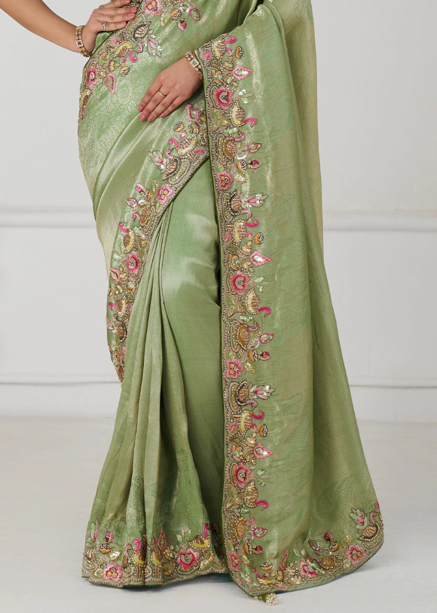 Pear Green Embroidered Viscose Dola Silk Saree With Sequin And Multi Thread Accents - House of Sarvati LLC