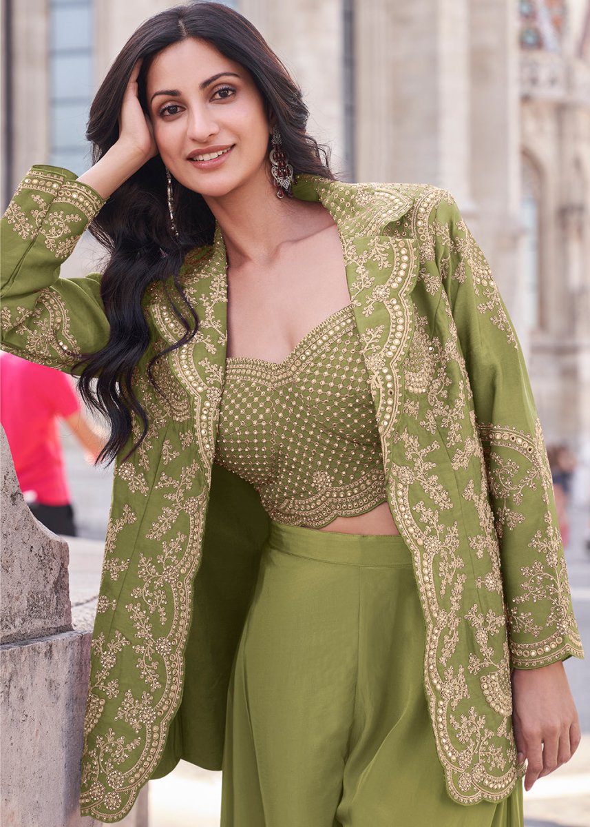 Pear Green Top and Palazzo Set Featuring Embroidered Shrug - House of Sarvati LLC