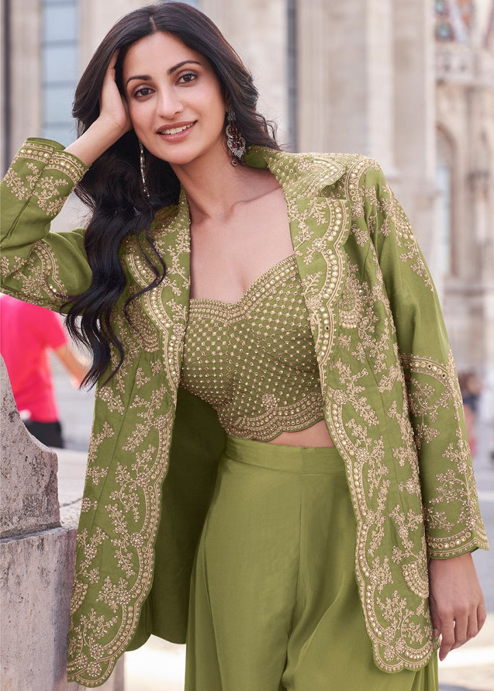 Pear Green Top and Palazzo Set Featuring Embroidered Shrug - House of Sarvati LLC