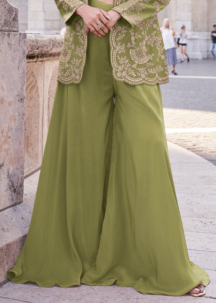 Pear Green Top and Palazzo Set Featuring Embroidered Shrug - House of Sarvati LLC