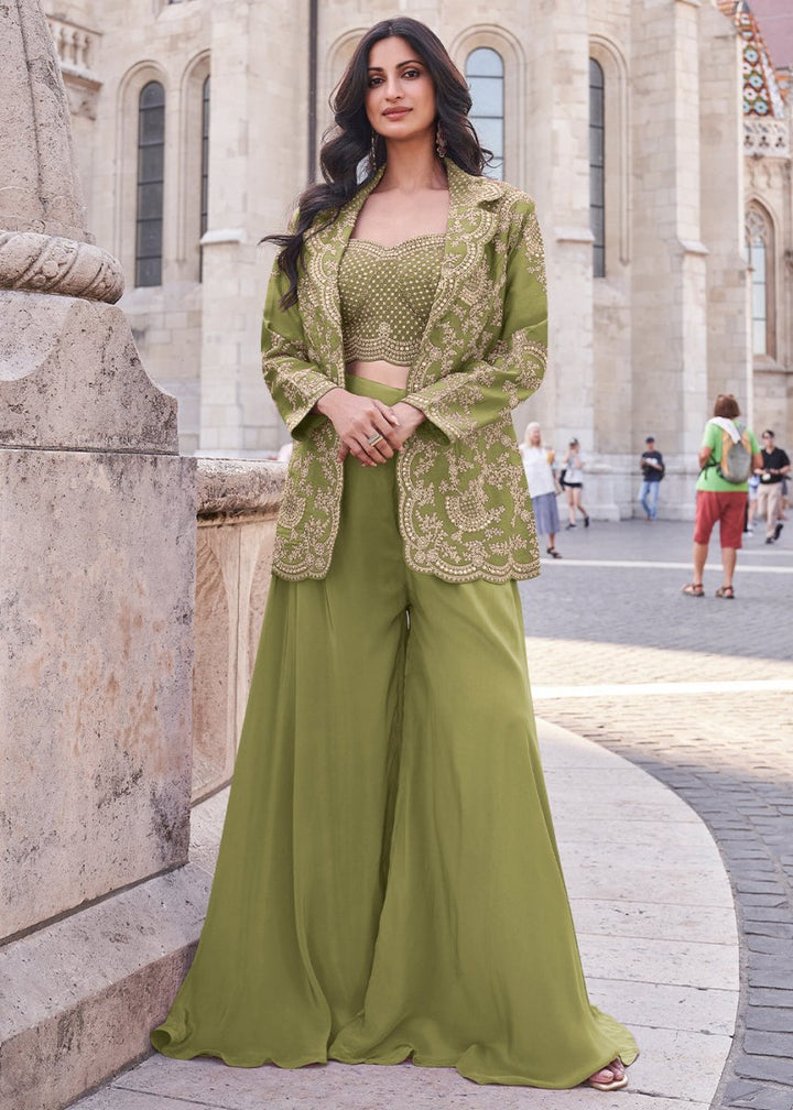 Pear Green Top and Palazzo Set Featuring Embroidered Shrug - House of Sarvati LLC
