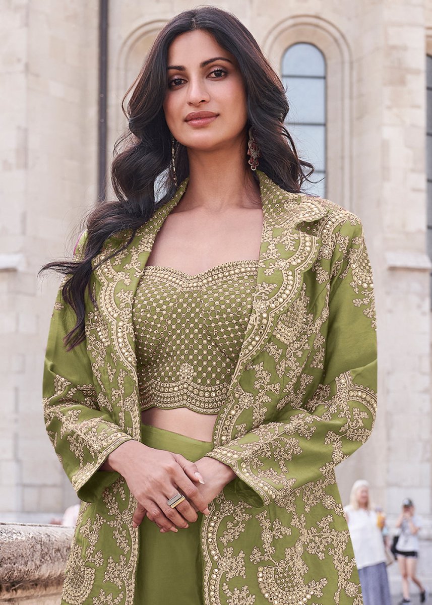 Pear Green Top and Palazzo Set Featuring Embroidered Shrug - House of Sarvati LLC