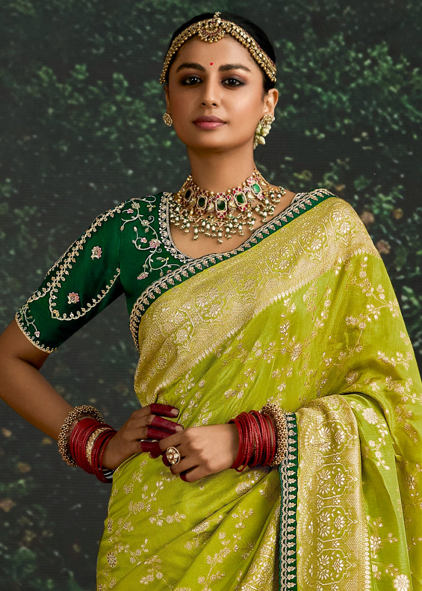 Pear Green Zari Woven Dola Silk Saree with Embroidery Detailing - House of Sarvati LLC