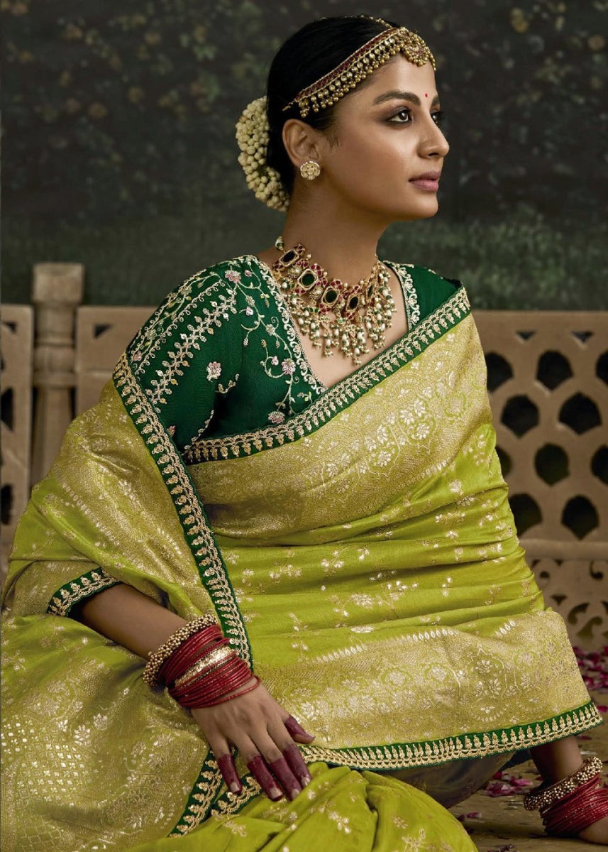 Pear Green Zari Woven Dola Silk Saree with Embroidery Detailing - House of Sarvati LLC
