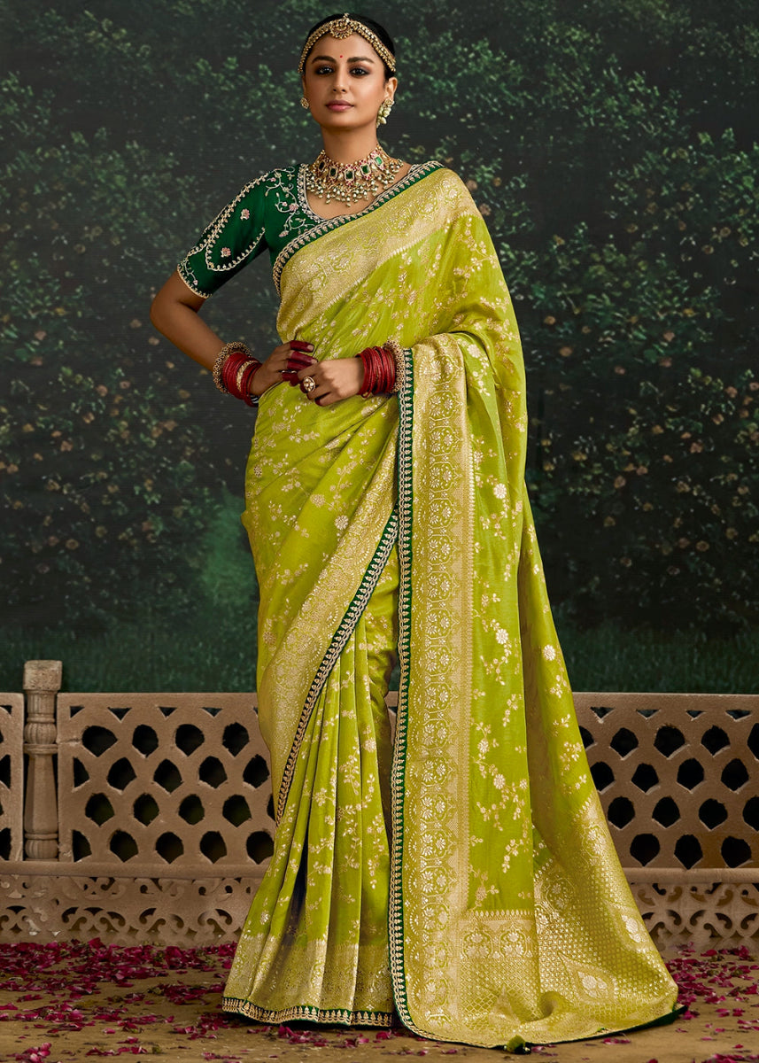 Pear Green Zari Woven Dola Silk Saree with Embroidery Detailing - House of Sarvati LLC