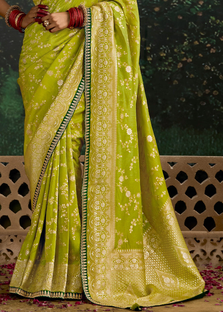 Pear Green Zari Woven Dola Silk Saree with Embroidery Detailing - House of Sarvati LLC
