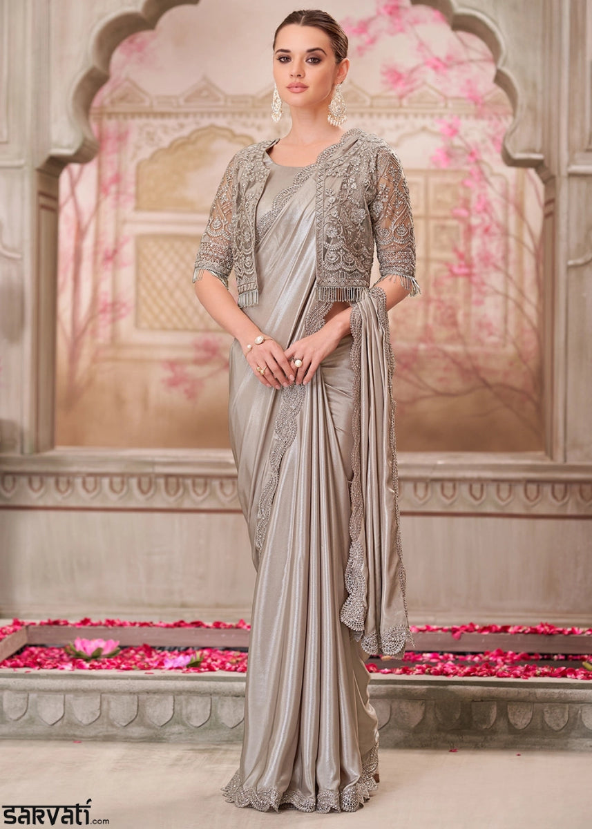 Pearl Grey Shimmer Satin Silk Saree With Detailed Embroidery And Luxe Appeal - House of Sarvati LLC