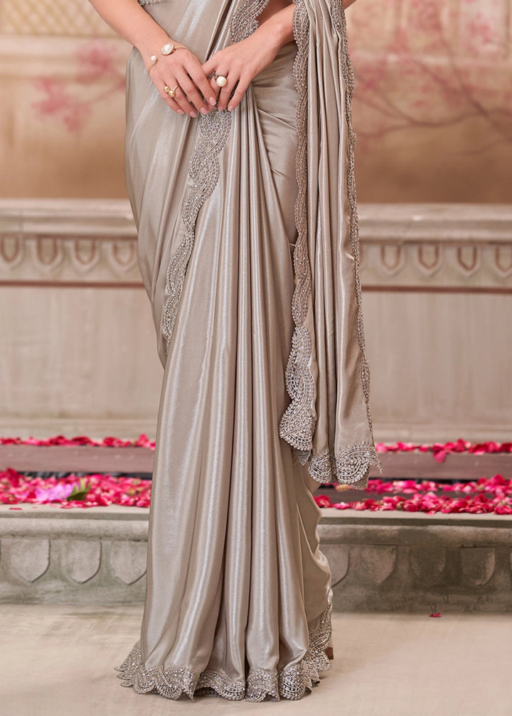 Pearl Grey Shimmer Satin Silk Saree With Detailed Embroidery And Luxe Appeal - House of Sarvati LLC