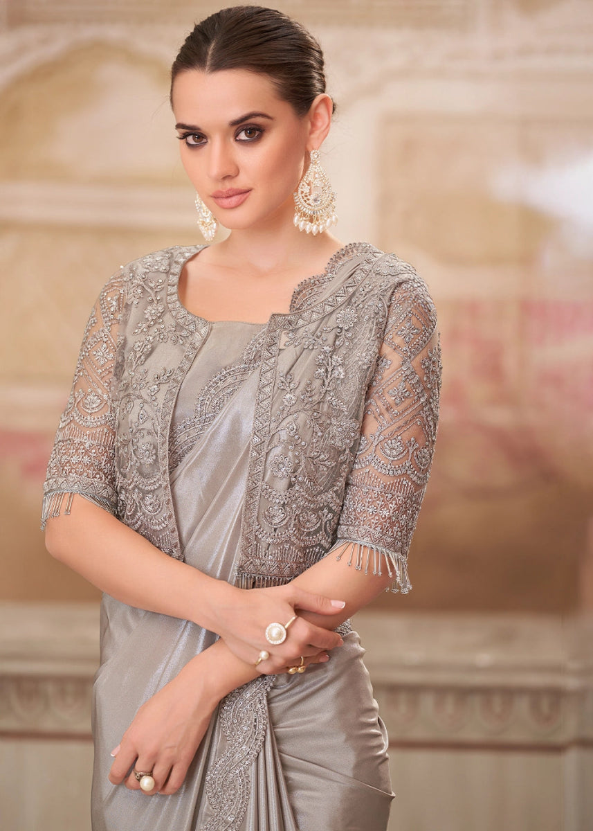 Pearl Grey Shimmer Satin Silk Saree With Detailed Embroidery And Luxe Appeal - House of Sarvati LLC