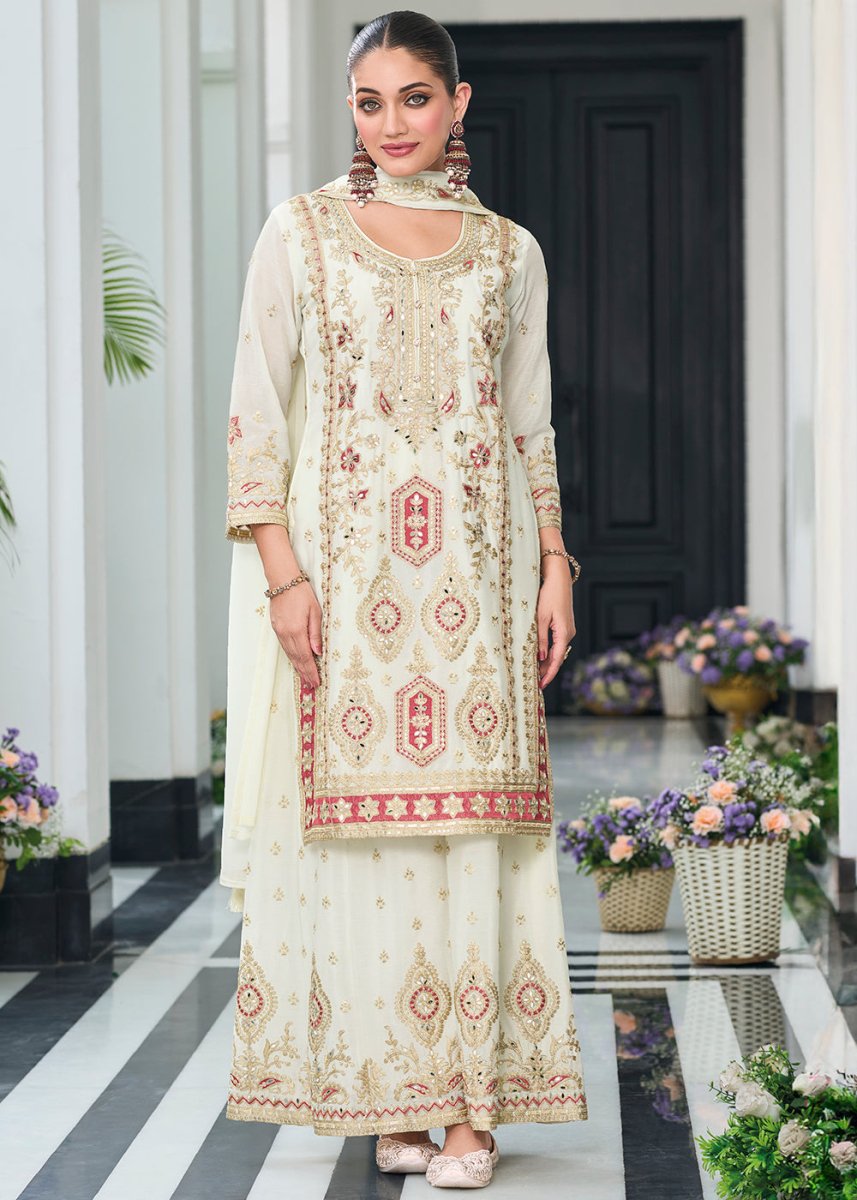 Pearl White Chinon Silk Palazzo Suit with Exquisite Embroidery - Eid Edition - House of Sarvati LLC
