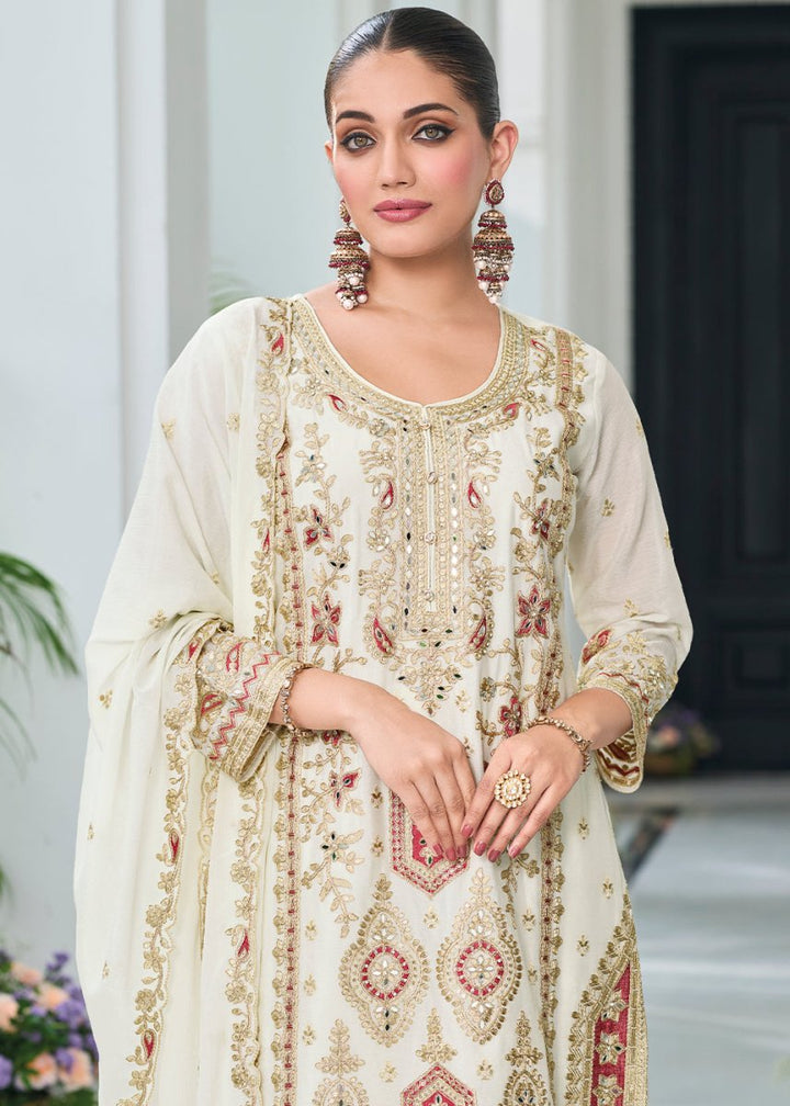 Pearl White Chinon Silk Palazzo Suit with Exquisite Embroidery - Eid Edition - House of Sarvati LLC