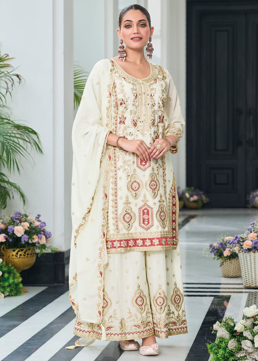 Pearl White Chinon Silk Palazzo Suit with Exquisite Embroidery - Eid Edition - House of Sarvati LLC