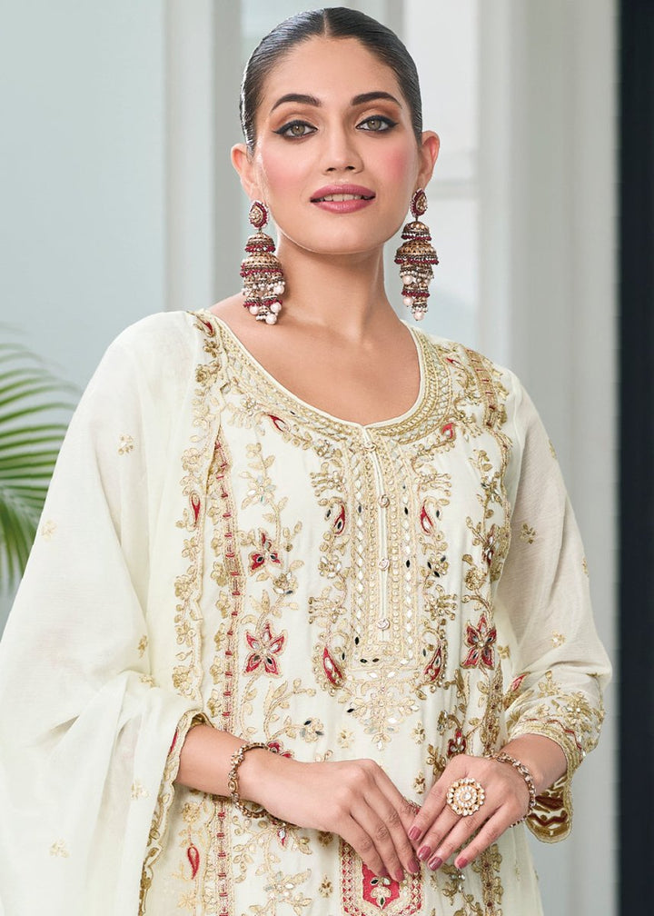 Pearl White Chinon Silk Palazzo Suit with Exquisite Embroidery - Eid Edition - House of Sarvati LLC
