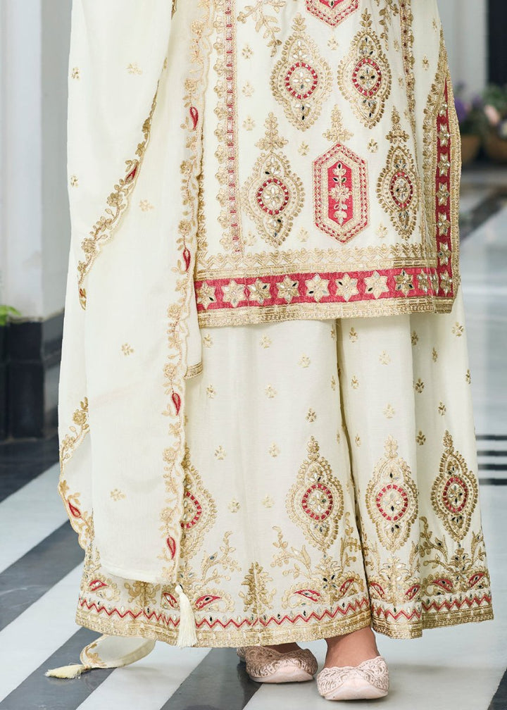 Pearl White Chinon Silk Palazzo Suit with Exquisite Embroidery - Eid Edition - House of Sarvati LLC