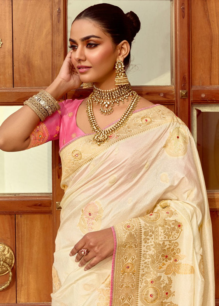 Pearl White Dola Silk Saree Featuring Zari Weave And Intricate Handwork With Cut Dana - House of Sarvati LLC