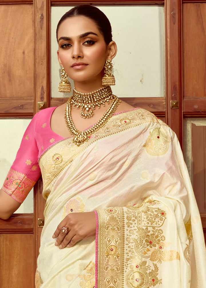 Pearl White Dola Silk Saree Featuring Zari Weave And Intricate Handwork With Cut Dana - House of Sarvati LLC