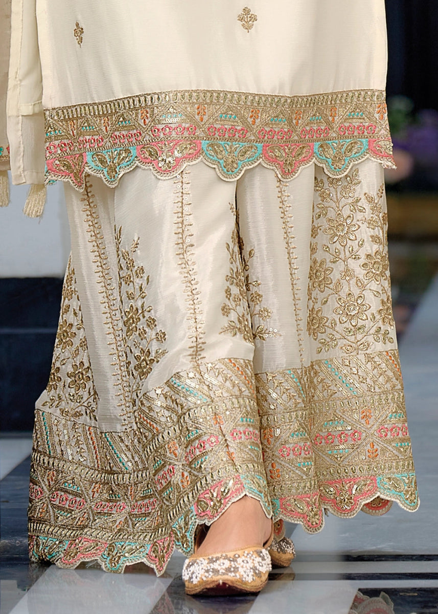 Pearl White Embroidered Palazzo Suit in Soft Chinon Silk - House of Sarvati LLC