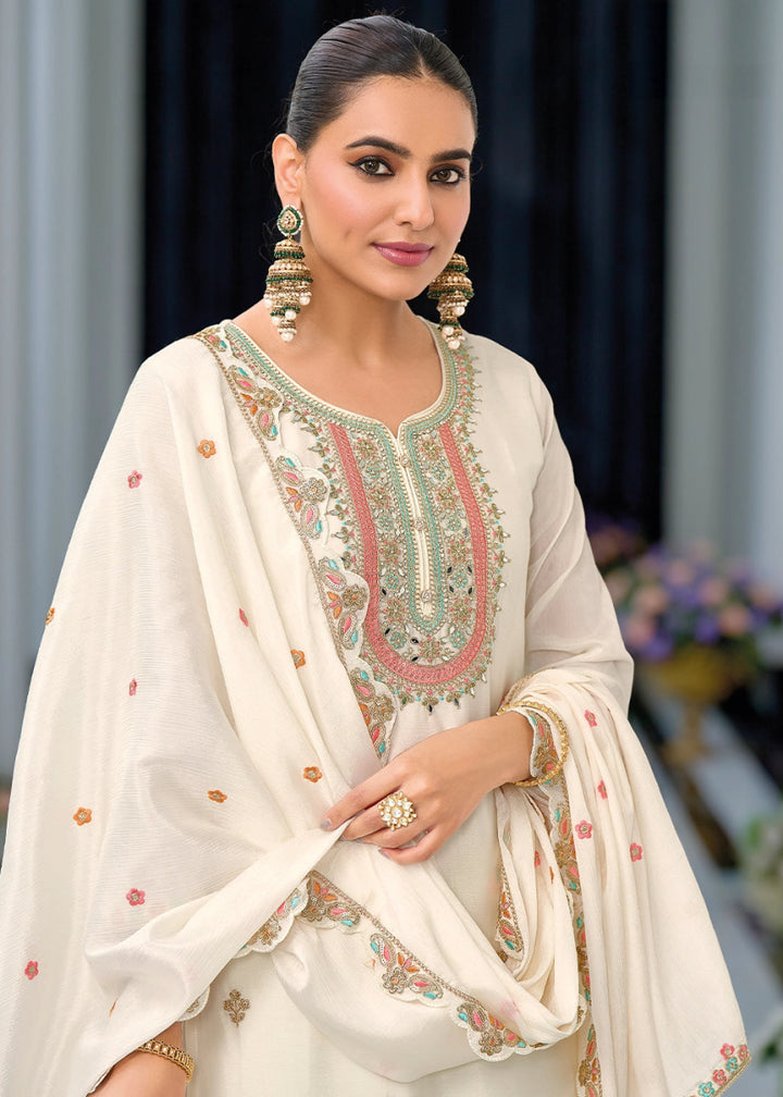 Pearl White Embroidered Palazzo Suit in Soft Chinon Silk - House of Sarvati LLC