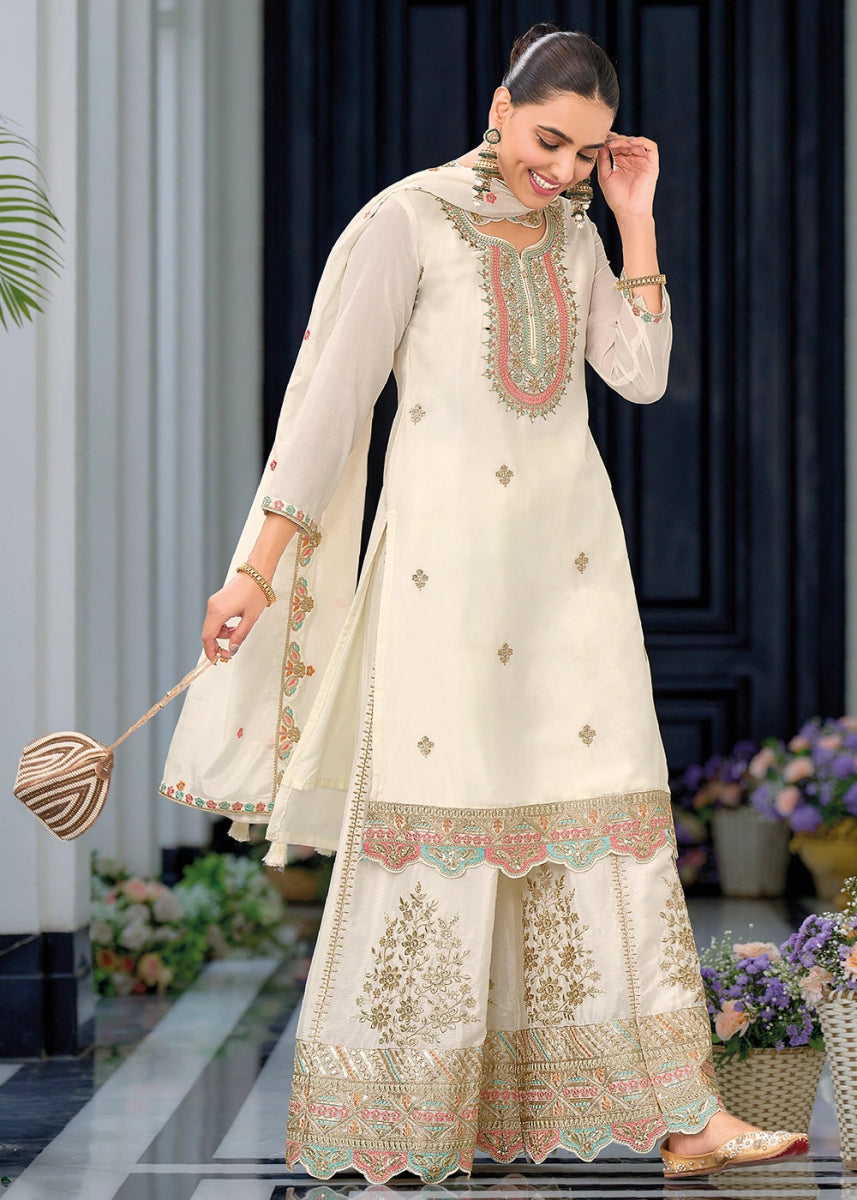 Pearl White Embroidered Palazzo Suit in Soft Chinon Silk - House of Sarvati LLC
