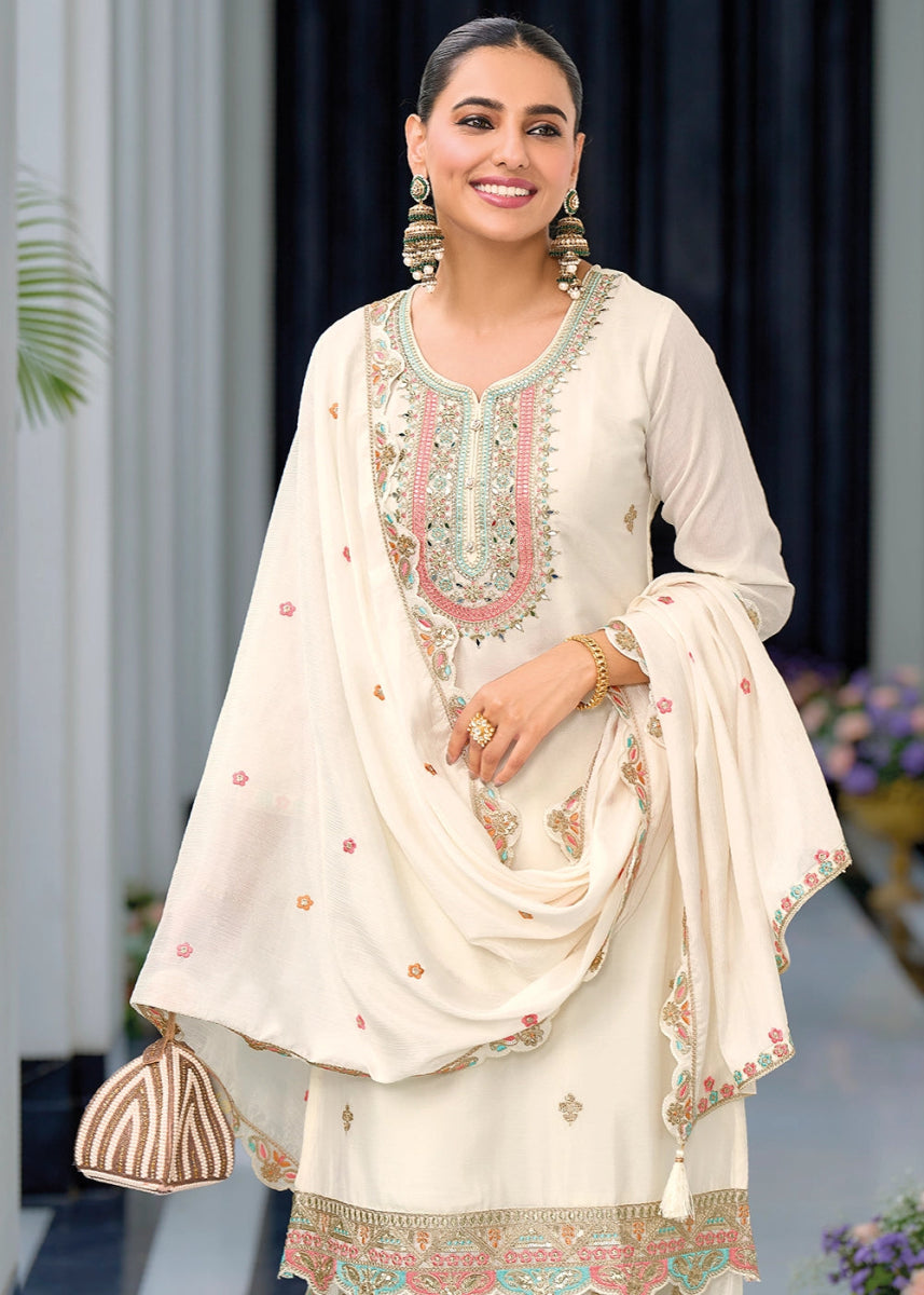 Pearl White Embroidered Palazzo Suit in Soft Chinon Silk - House of Sarvati LLC