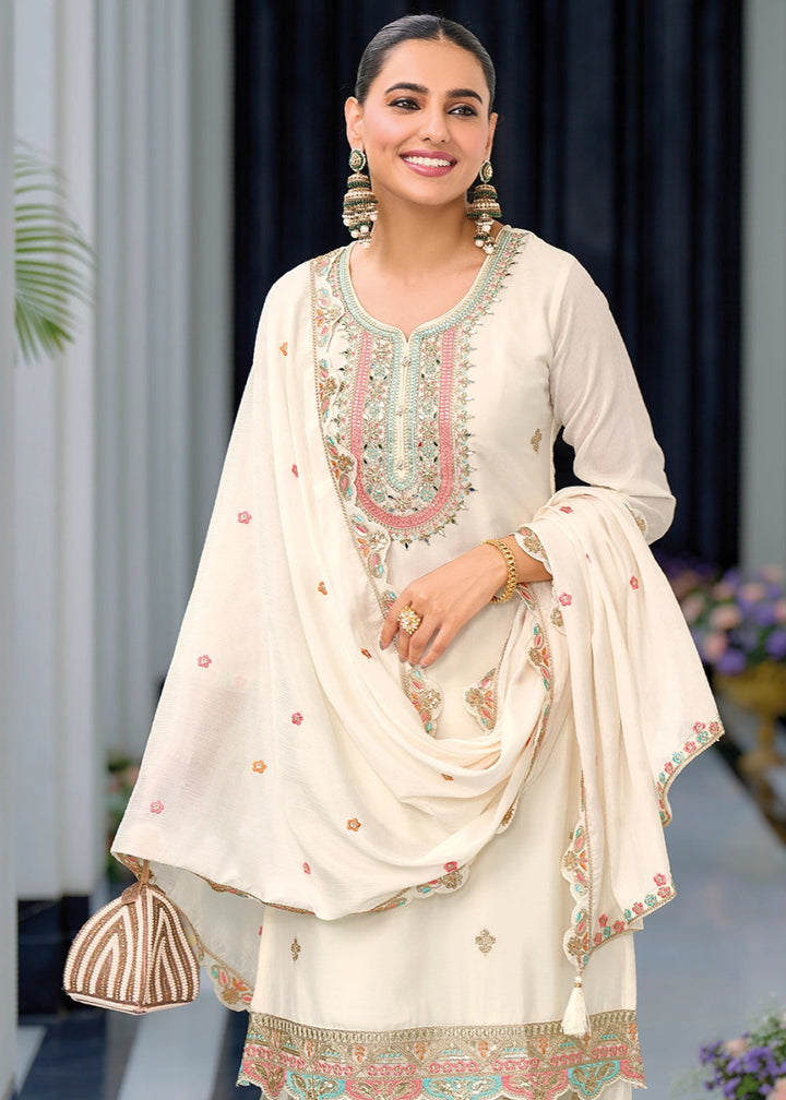 Pearl White Embroidered Palazzo Suit in Soft Chinon Silk - House of Sarvati LLC