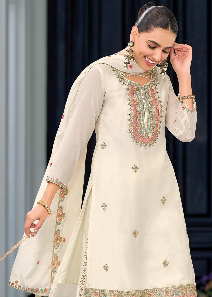 Pearl White Embroidered Palazzo Suit in Soft Chinon Silk - House of Sarvati LLC