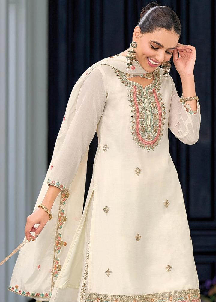Pearl White Embroidered Palazzo Suit in Soft Chinon Silk - House of Sarvati LLC
