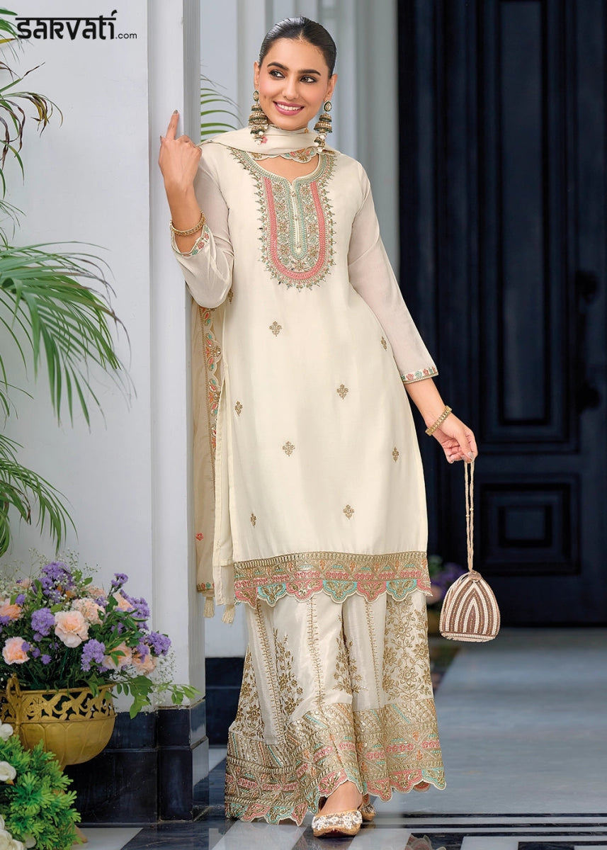 Pearl White Embroidered Palazzo Suit in Soft Chinon Silk - House of Sarvati LLC