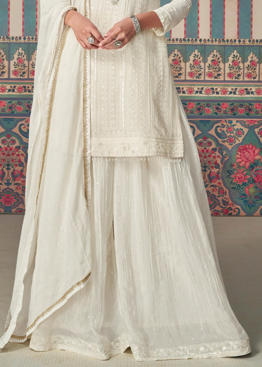 Pearl White Ethnic Sharara Set in Chinon Silk with Fine Embroidery - House of Sarvati LLC