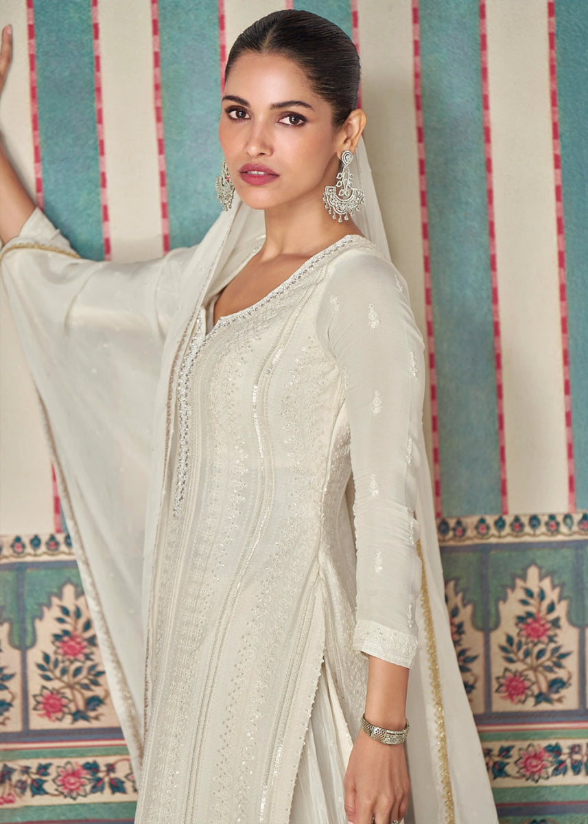 Pearl White Ethnic Sharara Set in Chinon Silk with Fine Embroidery - House of Sarvati LLC