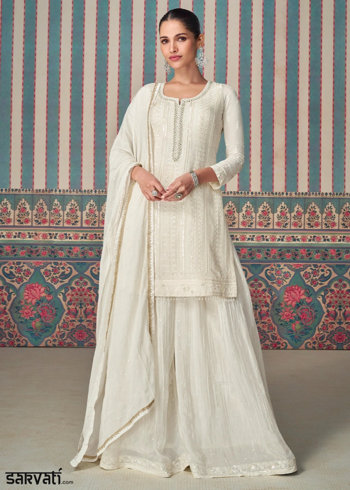 Pearl White Ethnic Sharara Set in Chinon Silk with Fine Embroidery - House of Sarvati LLC