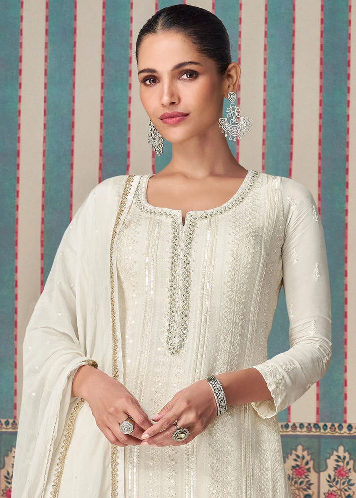 Pearl White Ethnic Sharara Set in Chinon Silk with Fine Embroidery - House of Sarvati LLC