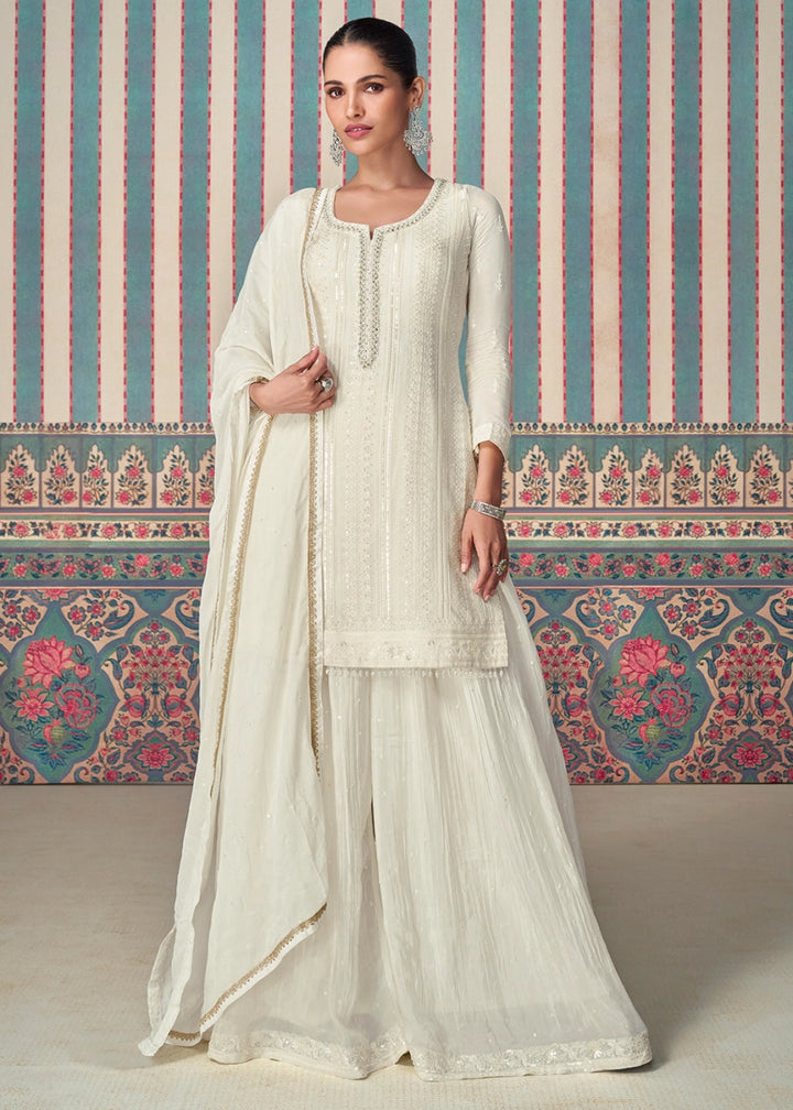 Pearl White Ethnic Sharara Set in Chinon Silk with Fine Embroidery - House of Sarvati LLC